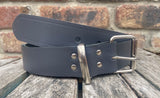 Grey plain leather belt with nickel plated steel roller buckle. Choice of width.