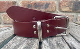Oxblood plain leather belt with nickel plated steel roller buckle. Choice of width.
