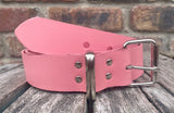 Plain leather 19mm-50mm wide belt with nickel plated steel light roller buckle. Choice of 13 colours