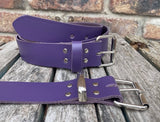 Purple plain leather belt with nickel plated steel roller buckle. Choice of width.