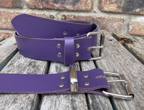 Purple plain leather belt with nickel plated steel roller buckle. Choice of width.