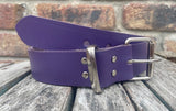 Purple plain leather belt with nickel plated steel roller buckle. Choice of width.