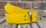 Yellow plain leather belt with nickel plated steel roller buckle. Choice of width.