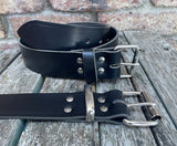 Black buffalo plain leather belt & nickel plated steel roller buckle, Choice of Widths.