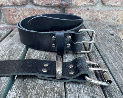 Black buffalo worn look leather belt & nickel plated steel roller buckle, Choice of Widths.