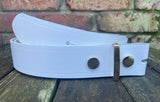 Plain leather 19mm-50mm wide press stud/snap belt with brass plated steel studs. Choice of 13 colours.