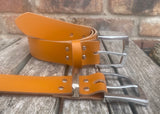 Plain leather belt with chrome plated zinc buckle. 38mm wide choice of colour XGJ805