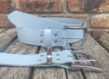Plain leather 38mm wide belt with chrome plated zinc buckle. Choice of 13 colours XGJ805