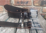 Plain leather belt with chrome plated zinc buckle. 38mm wide choice of colour XGJ805