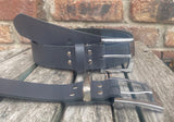Plain leather belt with chrome plated zinc buckle. 38mm wide choice of colour XGJ805
