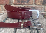 Plain leather belt with chrome plated zinc buckle. 38mm wide choice of colour XGJ805