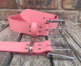 Plain leather belt with chrome plated zinc buckle. 38mm wide choice of colour XGJ805