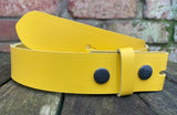 Plain leather 19mm-50mm wide press stud/snap belt with black steel studs. Choice of 13 colours.