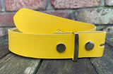 Plain leather 19mm-50mm wide press stud/snap belt with brass plated steel studs. Choice of 13 colours.