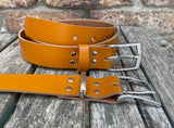 Plain leather belt with brushed nickel zinc buckle. 30mm wide choice of colour Z2498