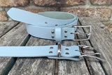Plain leather 30mm wide belt with brushed nickel zinc buckle. Choice of 13 colours Z2498