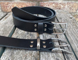 Plain leather belt with brushed nickel zinc buckle. 30mm wide choice of colour Z2498