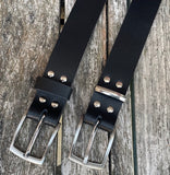 Plain leather belt with brushed nickel zinc buckle. 30mm wide choice of colour Z2498