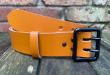 Plain leather 38mm wide belt with 2 prong black buckle. Choice of 13 colours