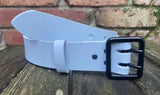 Plain leather 38mm wide belt with 2 prong black buckle. Choice of 13 colours