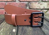 Plain leather 38mm wide belt with 2 prong black buckle. Choice of 13 colours