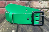 Plain leather 38mm wide belt with 2 prong black buckle. Choice of 13 colours