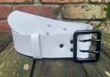 Plain leather 38mm wide belt with 2 prong black buckle. Choice of 13 colours
