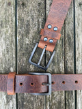 Buffalo leather 38mm wide belt with brushed gunmetal zinc buckle. Choice of 9 colours (ZK1776)
