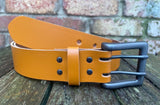 Plain leather 38mm wide belt with 2 prong gunmetal buckle. Choice of 13 colours