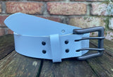 Plain leather 38mm wide belt with 2 prong gunmetal buckle. Choice of 13 colours