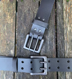 Plain leather 38mm wide belt with 2 prong gunmetal buckle. Choice of 13 colours
