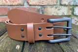 Plain leather 38mm wide belt with 2 prong gunmetal buckle. Choice of 13 colours