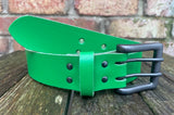 Plain leather 38mm wide belt with 2 prong gunmetal buckle. Choice of 13 colours