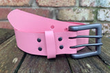 Plain leather 38mm wide belt with 2 prong gunmetal buckle. Choice of 13 colours