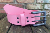 Plain leather 38mm wide belt with 2 prong gunmetal buckle. Choice of 13 colours