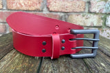 Plain leather 38mm wide belt with 2 prong gunmetal buckle. Choice of 13 colours