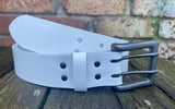 Plain leather 38mm wide belt with 2 prong gunmetal buckle. Choice of 13 colours