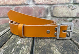 Plain leather 24mm wide belt with steel flat buckle in antique nickel finish. Choice of 12 colours
