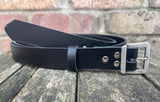 Plain leather 24mm wide belt with steel flat buckle in antique nickel finish. Choice of 12 colours