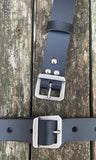 Plain leather 24mm wide belt with steel flat buckle in antique nickel finish. Choice of 12 colours
