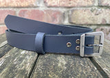 Plain leather 24mm wide belt with steel flat buckle in antique nickel finish. Choice of 12 colours