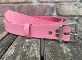 Plain leather 24mm wide belt with steel flat buckle in antique nickel finish. Choice of 12 colours