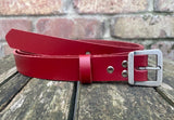 Plain leather 24mm wide belt with steel flat buckle in antique nickel finish. Choice of 12 colours