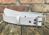 Plain leather 24mm wide belt with steel flat buckle in antique nickel finish. Choice of 12 colours
