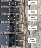 Buffalo leather 19mm-50mm wide belt with antique look steel roller buckle. Choice of 9 colours