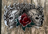 Flaming skull & rose metal belt buckle BK12