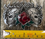 Flaming skull & rose metal belt buckle BK12