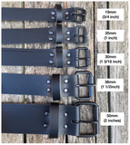 Buffalo leather 19mm-50mm wide belt with black steel roller buckle. Choice of 9 colours