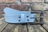 Plain leather 30mm wide belt with metal nuts & bolt buckle. Choice of 13 colours