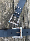 Plain leather 30mm wide belt with metal nuts & bolt buckle. Choice of 13 colours